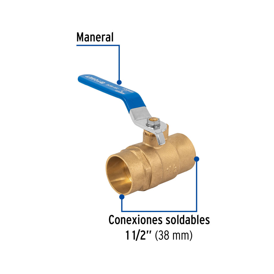 Válvula de esfera de latón, soldable 1-1/2', Foset Caja con 6, 49010