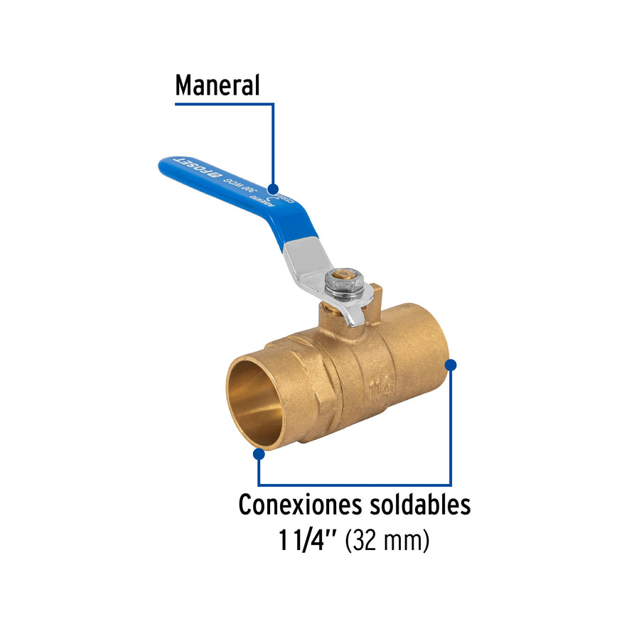 Válvula de esfera de latón, soldable 1-1/4', Foset Caja con 6, 49009