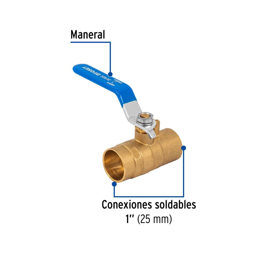 Válvula de esfera de latón, soldable 1', Foset Caja con 6, 49008