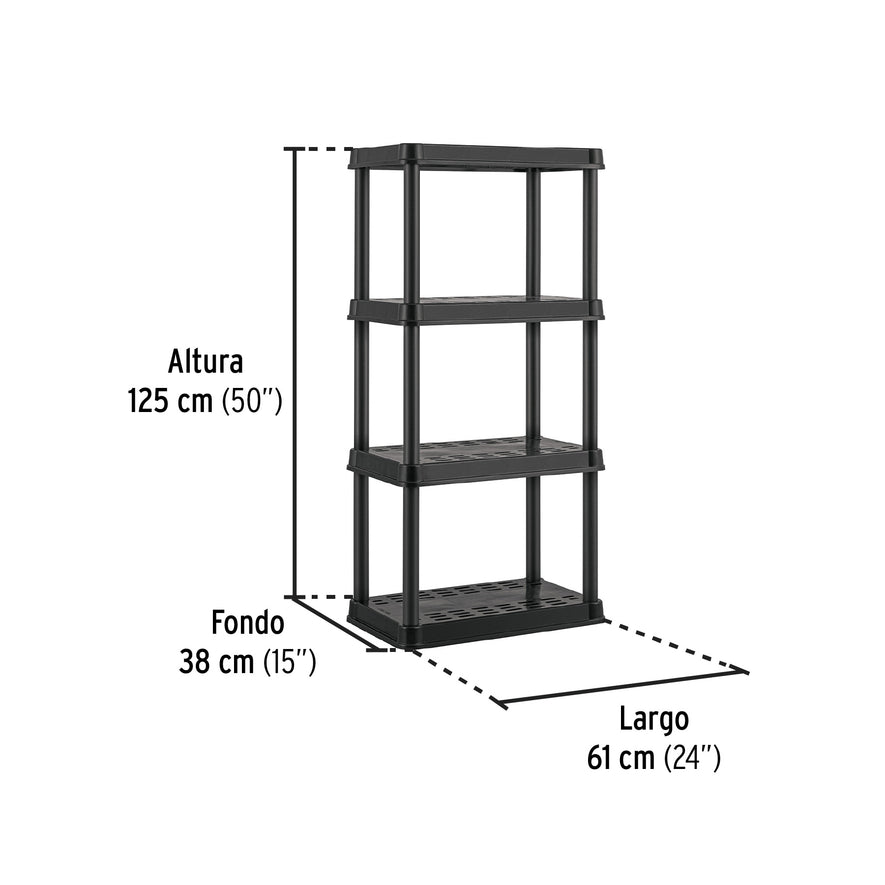 Estante plástico 4 repisas cap. 45 Kg, 125x38x61, PRETUL, 20682