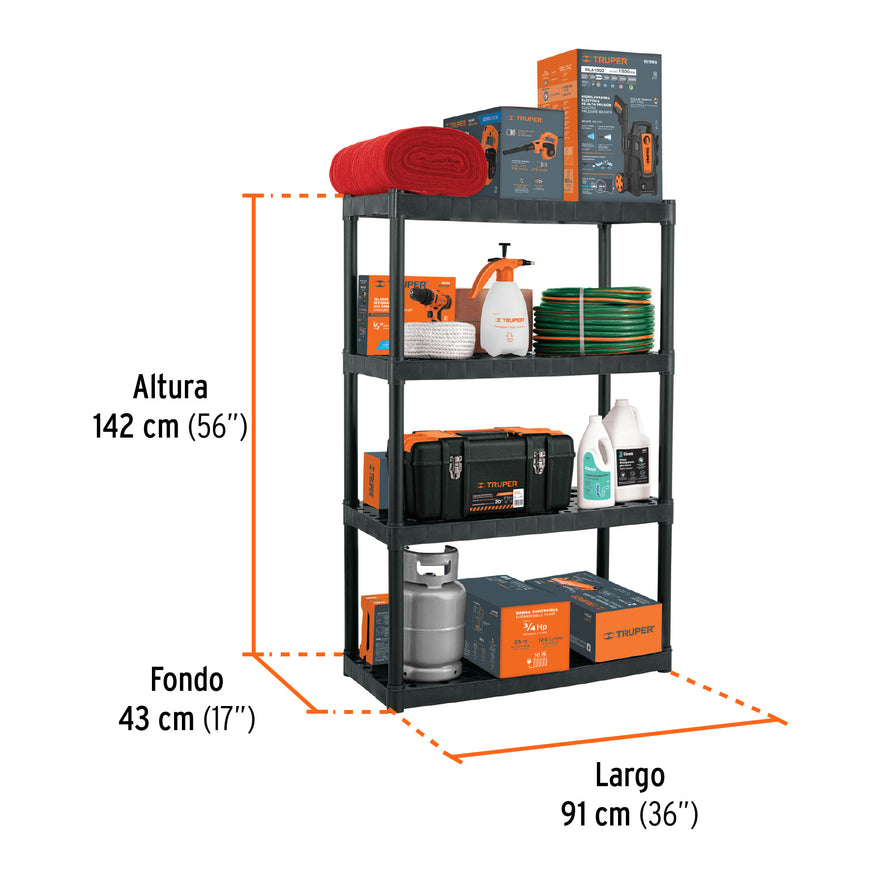 Estante plástico uso rudo 4 rep/cap. 70 Kg, 142x43x91,TRUPER, 102887