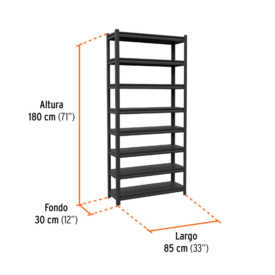 Estante metálico 8 repisas capacidad 80 Kg,180x30x85, TRUPER, 58001