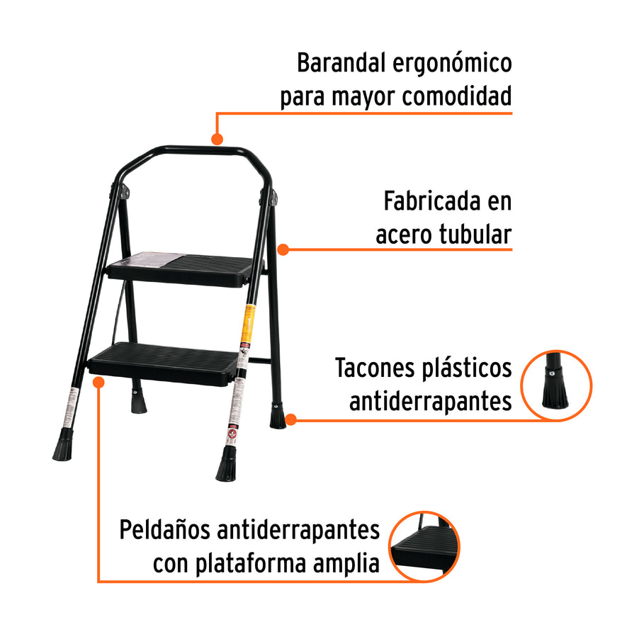 Escalera tubular, plegable, 2 peldaños, Truper, 103142