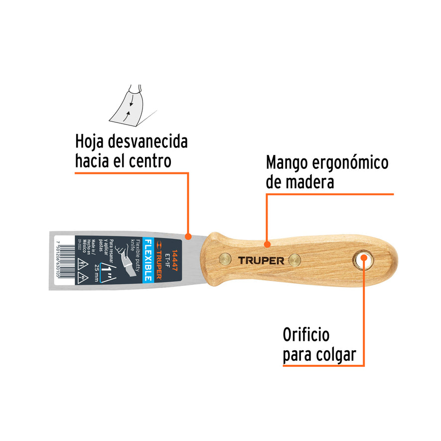 Espátula flexible 1' con mango de madera, Truper Caja con 6, 14447