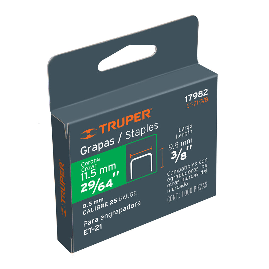 grapas 3/8'corona 11.3 mm para ET-21, Truper Caja con 10, 17982