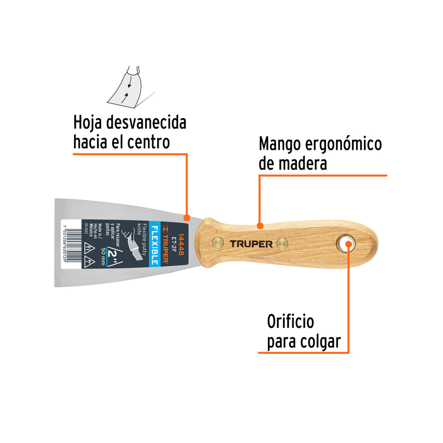 Espátula flexible 2' con mango de madera, Truper Caja con 6, 14448