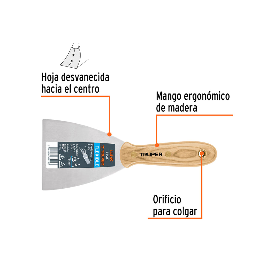 Espátula flexible 3' con mango de madera, Truper Caja con 6, 14449