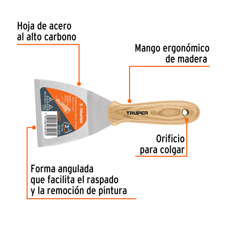 Espátula afilada y angulada 3' con mango de madera, Truper Caja con 6, 14457