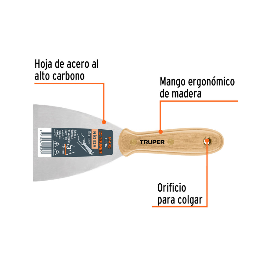 Espátula rígida 3' con mango de madera, Truper Caja con 6, 14442