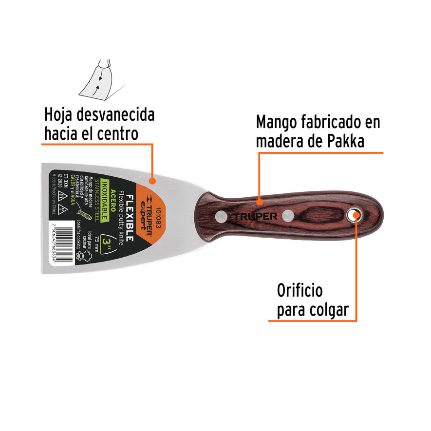 Espátula 3' acero inoxidable con mango de madera, Expert Caja con 6, 101083