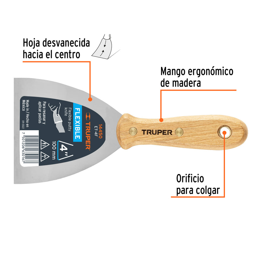Espátula flexible 4' con mango de madera, Truper Caja con 6, 14450