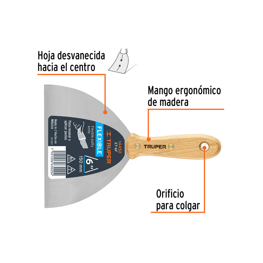 Espátula flexible 6' con mango de madera, Truper Caja con 6, 14452