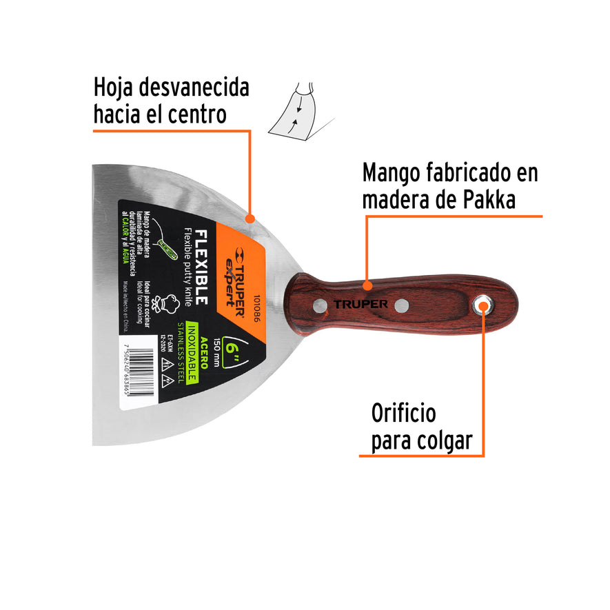 Espátula 6' acero inoxidable con mango de madera, Expert Caja con 6, 101086