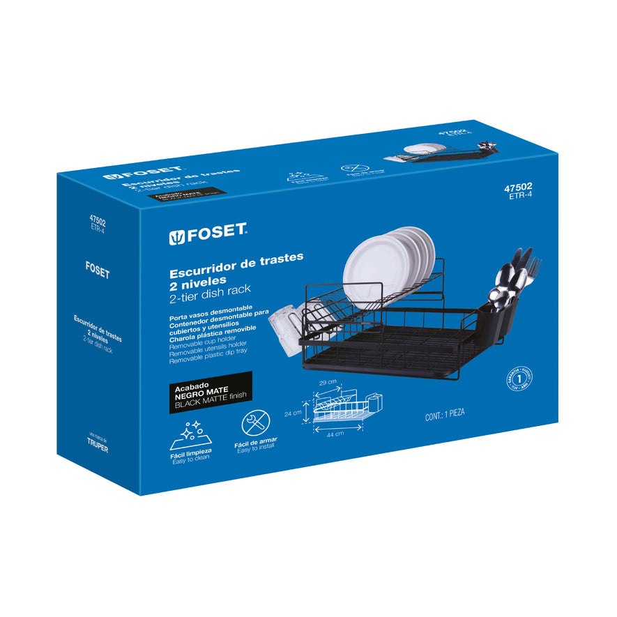 Escurridor negro de acero con 2 niveles para trastes, grande, 47502