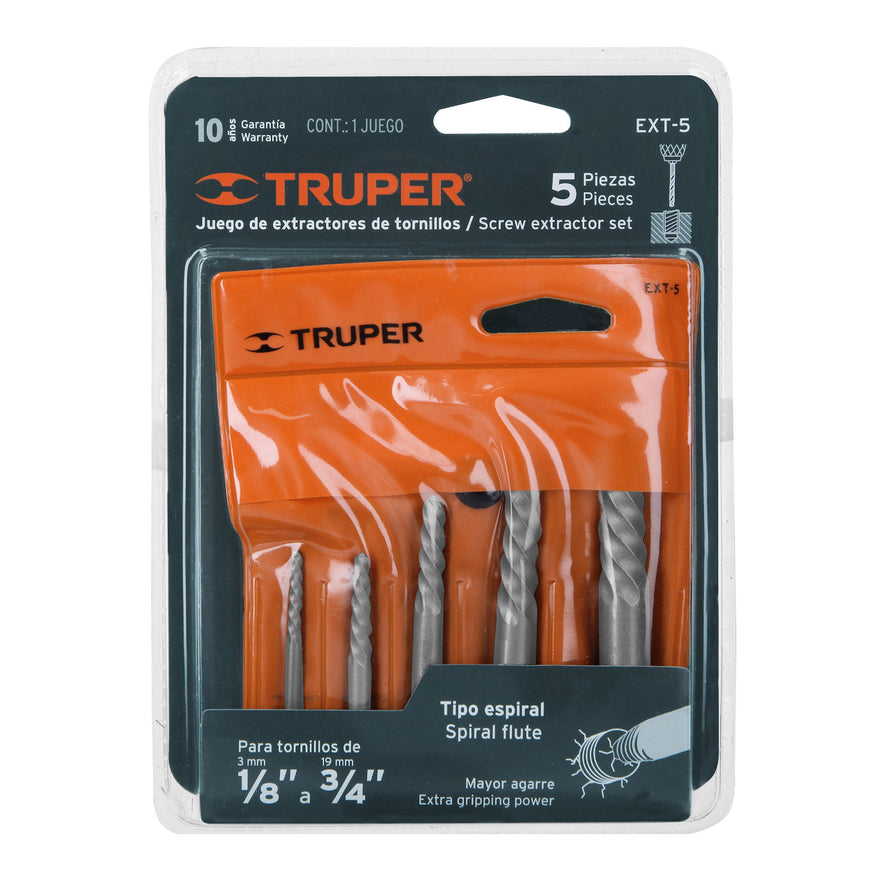 Juego con 5 extractores de tornillos, Truper Caja con 6, 14512
