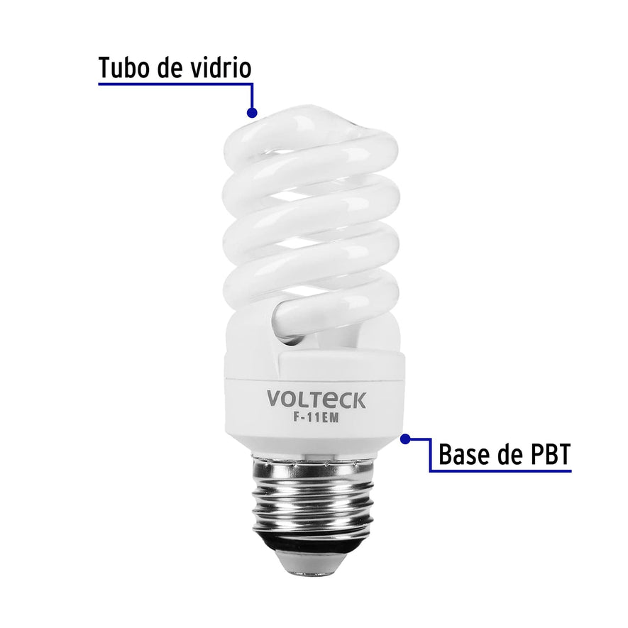 Lámpara espiral mini T2 11 W luz cálida en blíster, Volteck Caja con 4, 48503