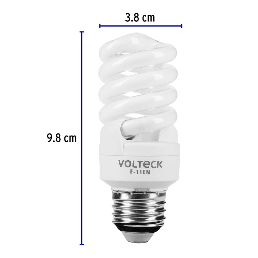 Lámpara espiral mini T2 11 W luz cálida en blíster, Volteck Caja con 4, 48503