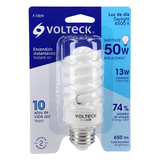 Lámpara espiral mini T2 13 W luz de día en blíster, Volteck Caja con 4, 48504