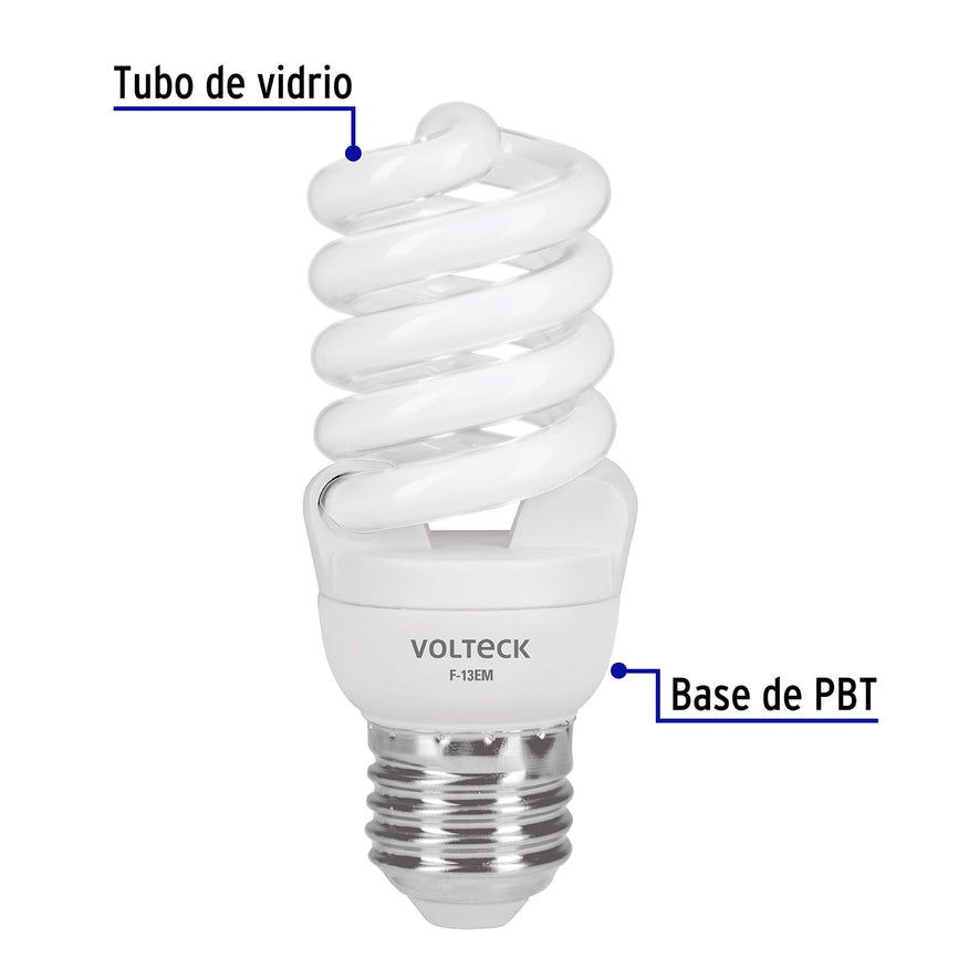 Lámpara espiral mini T2 13 W luz de día en blíster, Volteck Caja con 4, 48504