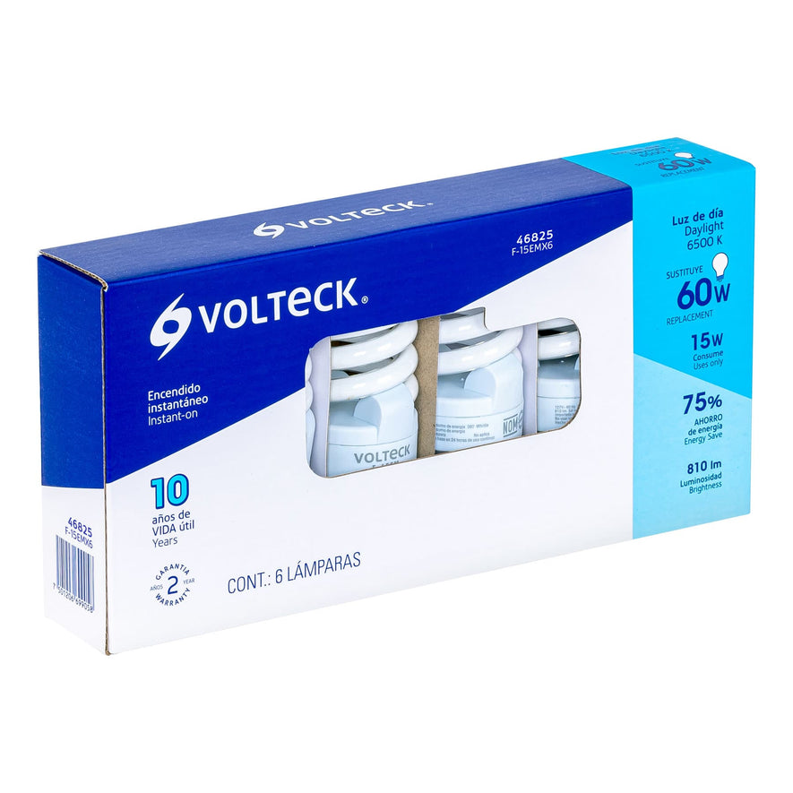 Pack de 6 lámparas espiral mini T2 15 W luz de día, en caja Caja con 6, 46825