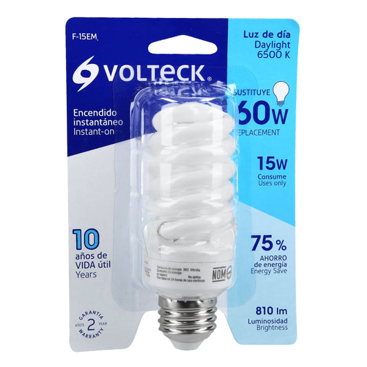 Lámpara espiral mini T2 15 W luz de día en blíster, Volteck Caja con 8, 48204