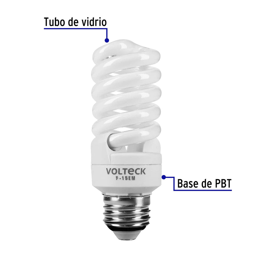 Lámpara espiral mini T2 15 W luz de día en blíster, Volteck Caja con 8, 48204