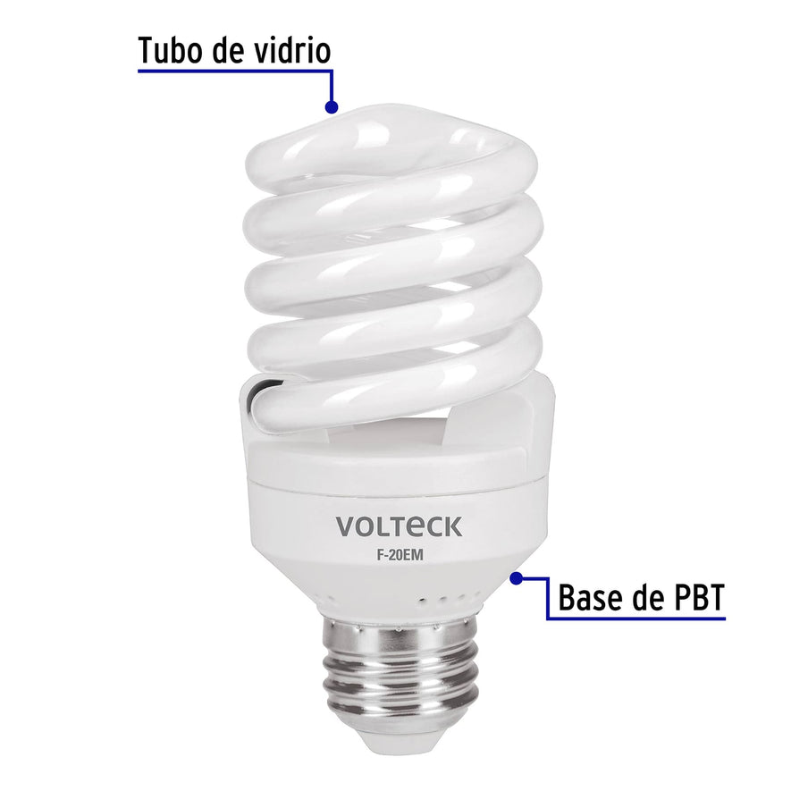 Lámpara espiral mini T2 20 W luz de día en blíster, Volteck Caja con 8, 48206