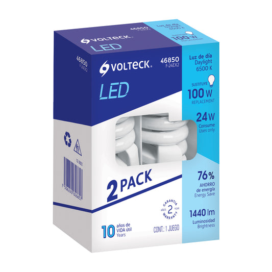 Pack 2 lámparas espiral T4 24 W luz de día, blíster, Volteck Caja con 4, 46850