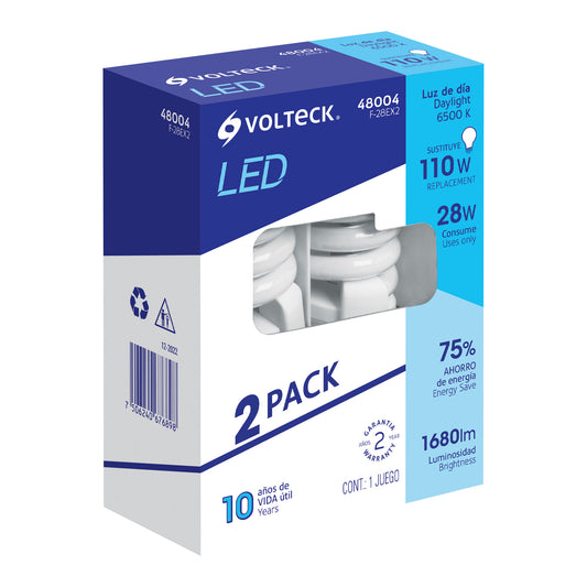 Pack 2 lámparas espiral T4 28 W luz de día, blíster, Volteck Caja con 4, 48004