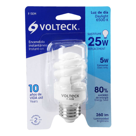 Lámpara espiral mini T2 5 W luz de día en blíster, Volteck Caja con 8, 48200