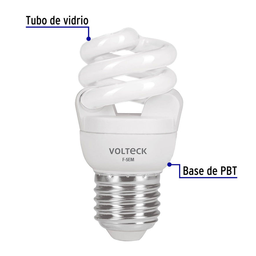 Lámpara espiral mini T2 5 W luz de día en blíster, Volteck Caja con 8, 48200