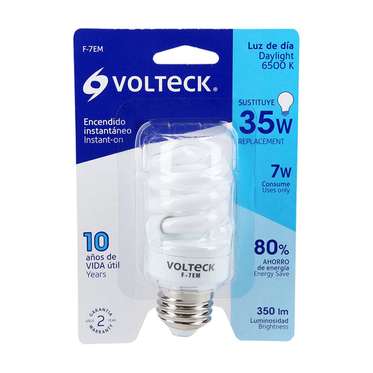 Lámpara espiral mini T2 7 W luz de día en blíster, Volteck Caja con 8, 48202