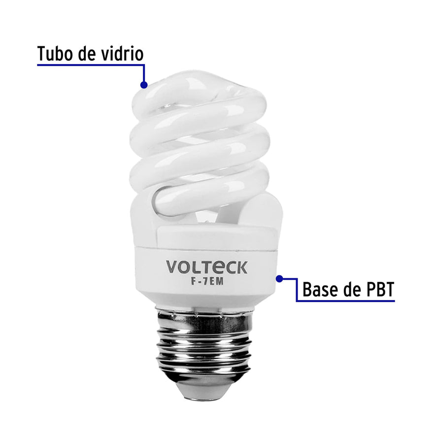 Lámpara espiral mini T2 7 W luz de día en blíster, Volteck Caja con 8, 48202
