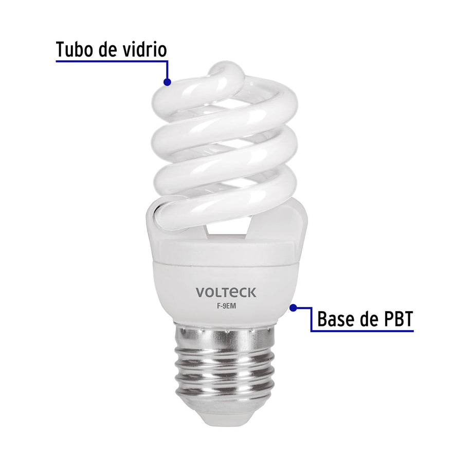 Lámpara espiral mini T2 9 W luz de día en blíster, Volteck Caja con 4, 48500