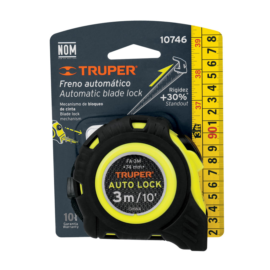Flexómetro Auto-Lock contra impactos 3 m cinta 16 mm, Truper Caja con 6, 10746