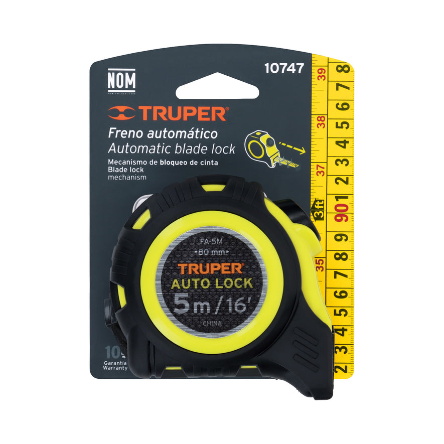Flexómetro Auto-Lock contra impactos 5 m cinta 19 mm, Truper Caja con 6, 10747