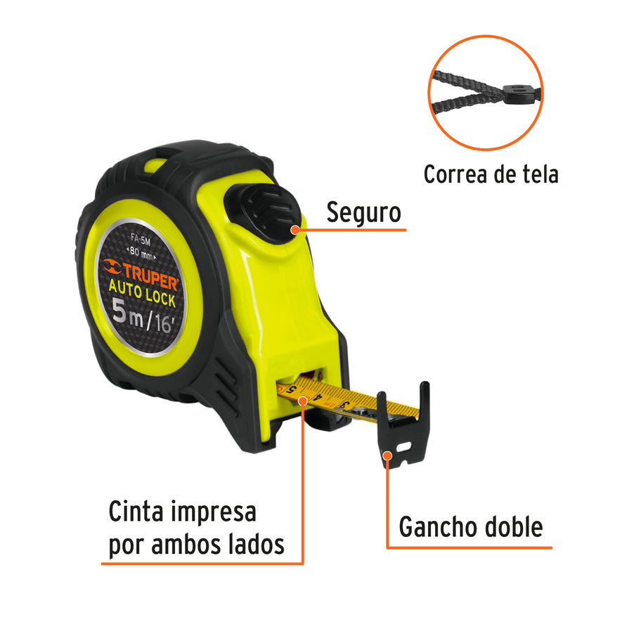 Flexómetro Auto-Lock contra impactos 5 m cinta 19 mm, Truper Caja con 6, 10747