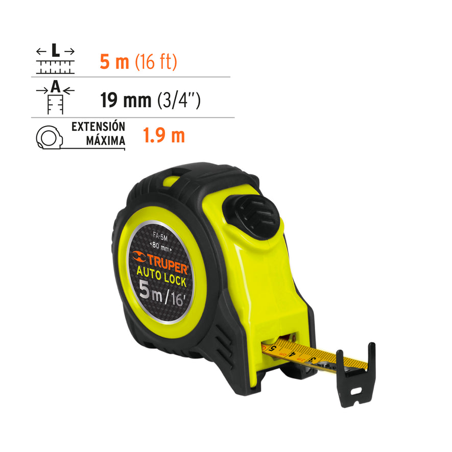 Flexómetro Auto-Lock contra impactos 5 m cinta 19 mm, Truper Caja con 6, 10747
