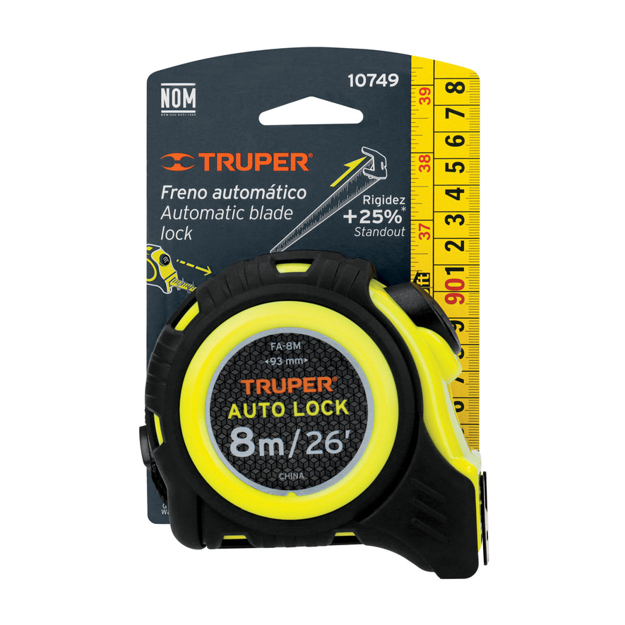 Flexómetro Auto-Lock contra impactos 8 m cinta 25 mm, Truper Caja con 3, 10749