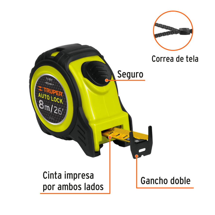 Flexómetro Auto-Lock contra impactos 8 m cinta 25 mm, Truper Caja con 3, 10749