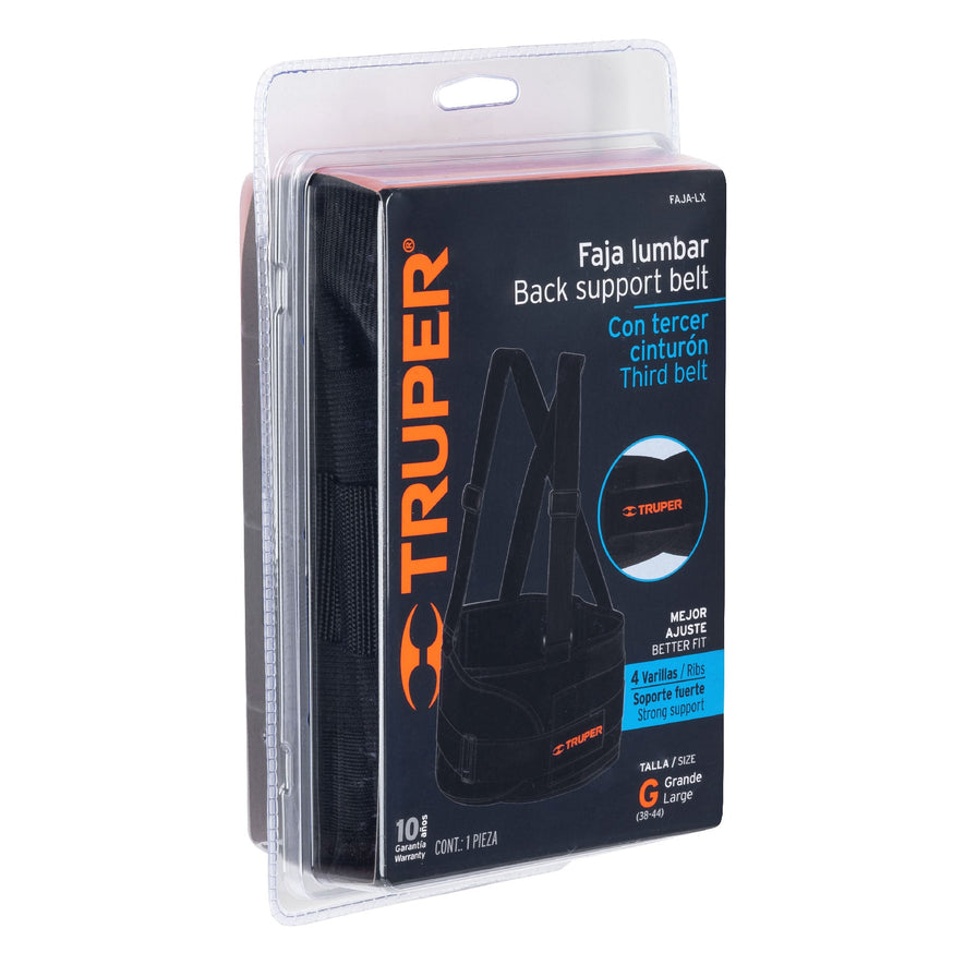 Faja lumbar con tercer cinturón, talla G, Truper Caja con 2, 14217
