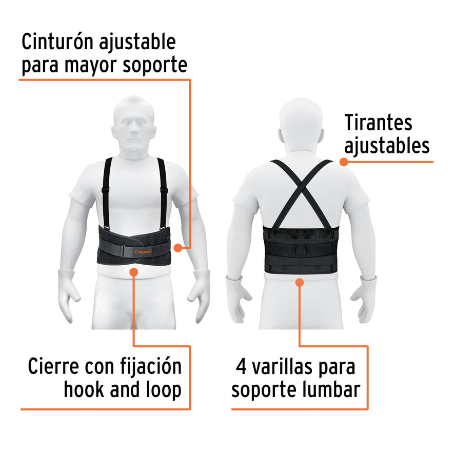 Faja lumbar con tercer cinturón, talla G, Truper Caja con 2, 14217
