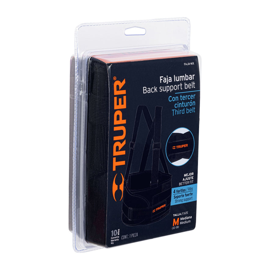 Faja lumbar con tercer cinturón, talla M, Truper Caja con 2, 14216