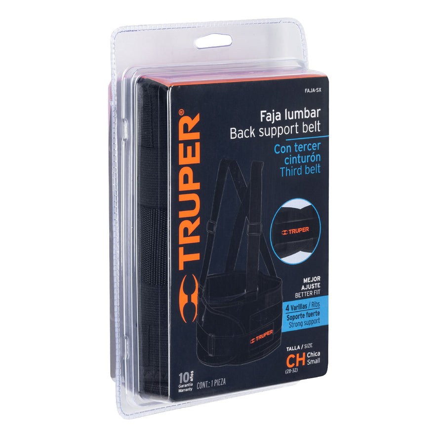 Faja lumbar con tercer cinturón, talla CH, Truper Caja con 2, 10955