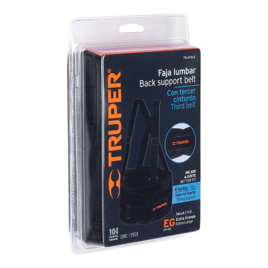 Faja lumbar con tercer cinturón, talla XG, Truper Caja con 2, 10956