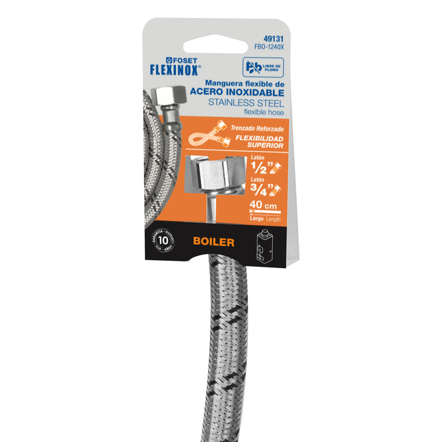 Manguera para boiler, acero inox, 1/2'x3/4', 40 cm, Foset Caja con 6, 49131