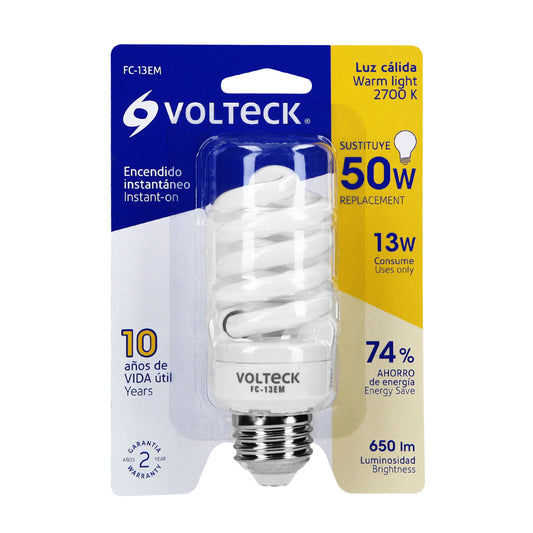 Lámpara espiral mini T2 13 W luz cálida en blíster, Volteck Caja con 4, 48505