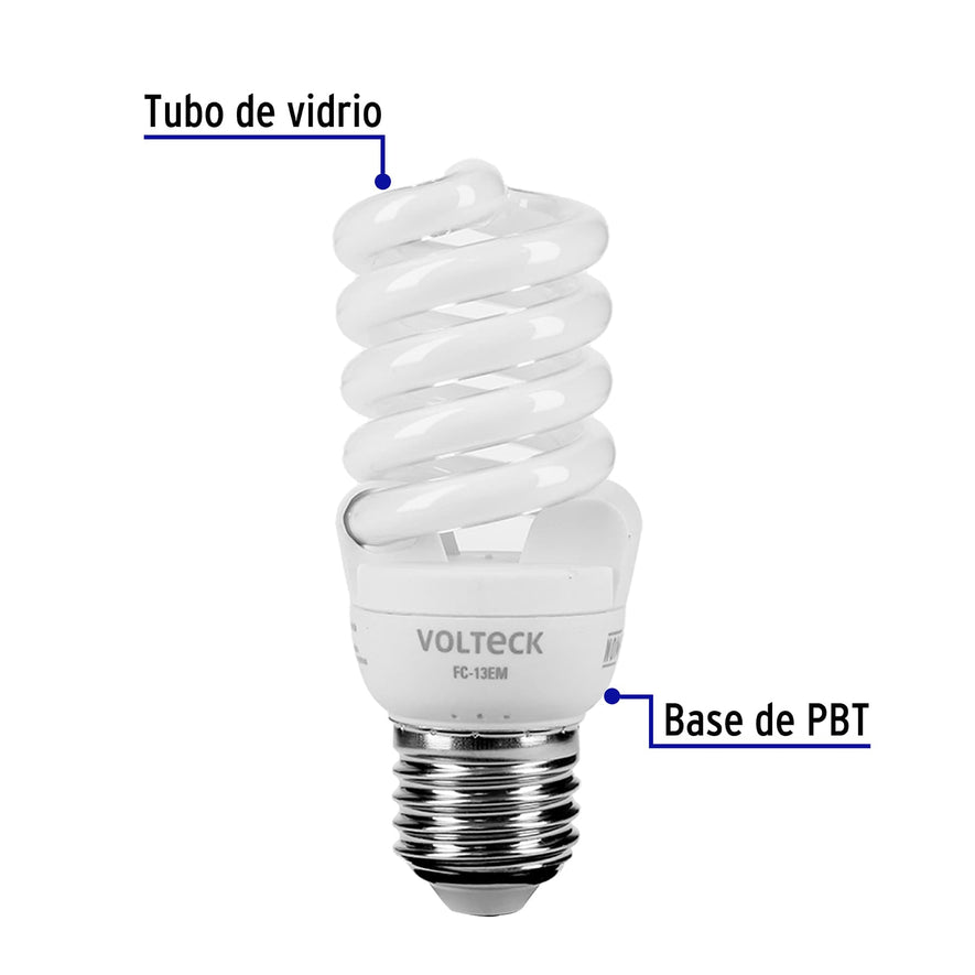Lámpara espiral mini T2 13 W luz cálida en blíster, Volteck Caja con 4, 48505