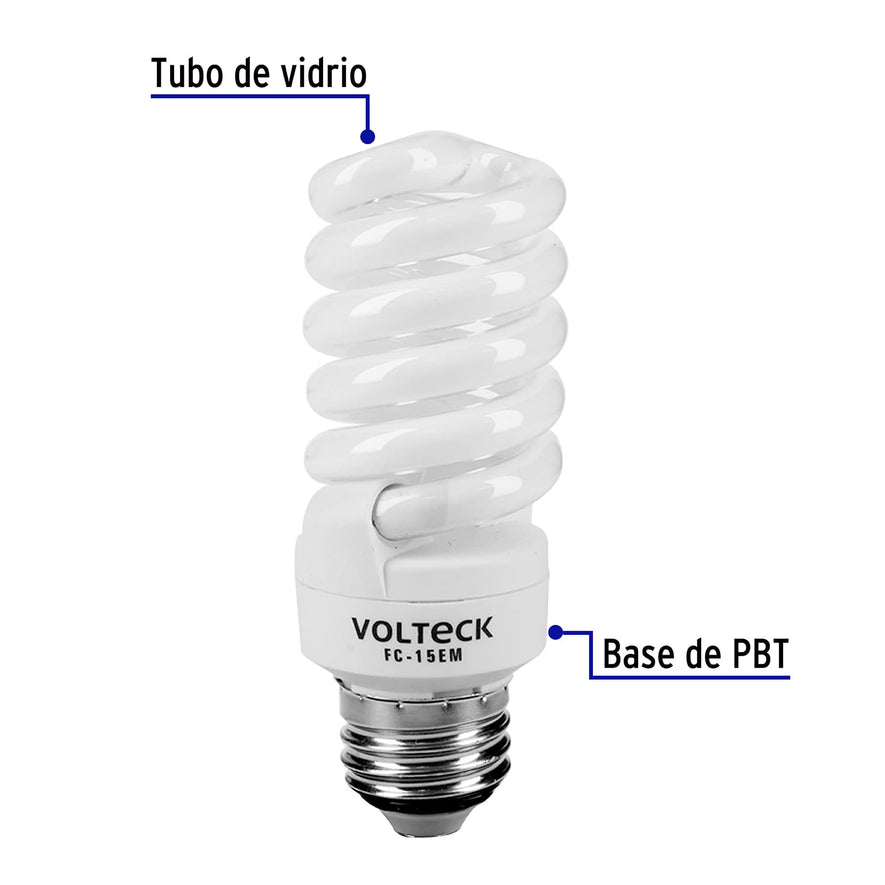 Lámpara espiral mini T2 15 W luz cálida en blíster, Volteck Caja con 4, 48205