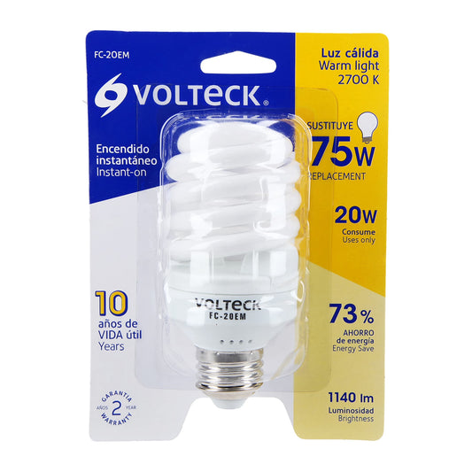 Lámpara espiral mini T2 20 W luz cálida en blíster, Volteck Caja con 4, 48207